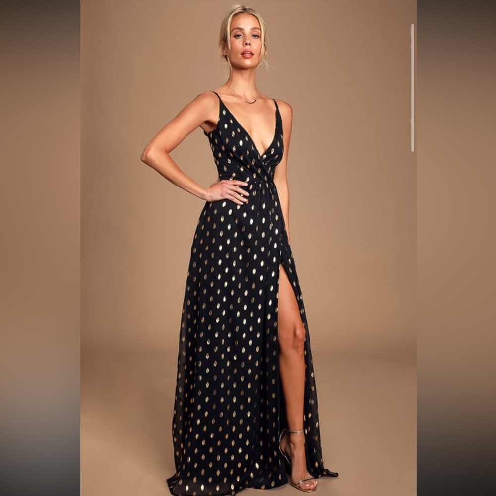 Lulu’s Galaxy Lights Black and Gold Polka Dot Sleeveless Maxi Dress